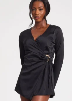 Quiz Black Satin Wrap Playsuit