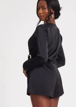 Quiz Black Satin Wrap Playsuit