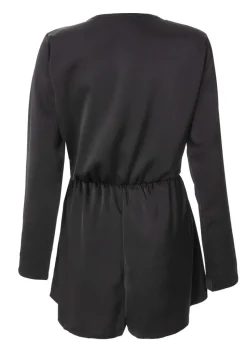 Quiz Black Satin Wrap Playsuit