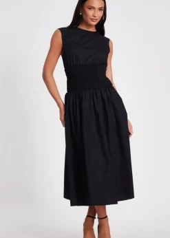Quiz Black Shirred Waist Midaxi Dress