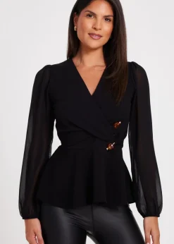 Quiz Black Wrap Front Buckle Top