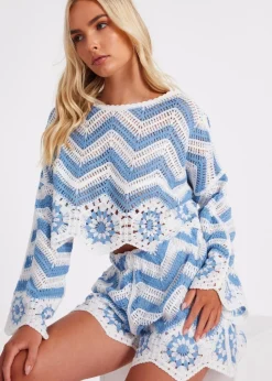 Quiz Blue Crochet Scalloped Top