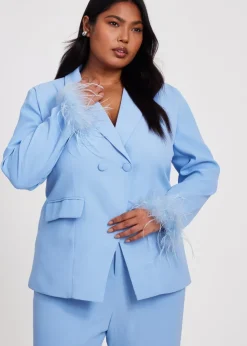 Quiz Blue Curve Feather Trim Blazer