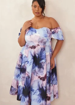 Quiz Blue Curve Floral Bardot Midi Dress