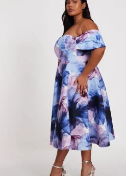 Quiz Blue Curve Floral Bardot Midi Dress