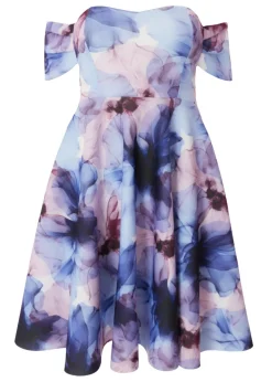 Quiz Blue Curve Floral Bardot Midi Dress