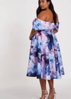 Quiz Blue Curve Floral Bardot Midi Dress