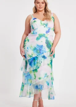 Quiz Blue Curve Floral Chiffon Midaxi Dress