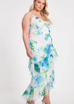 Quiz Blue Curve Floral Chiffon Midaxi Dress