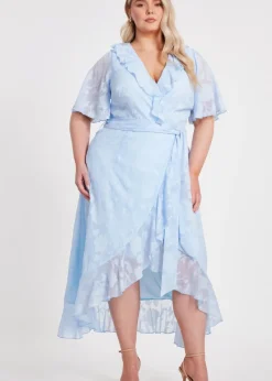 Quiz Blue Curve Jacquard Frill Midaxi Dress