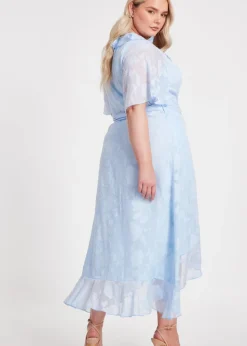 Quiz Blue Curve Jacquard Frill Midaxi Dress