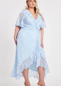 Quiz Blue Curve Jacquard Frill Midaxi Dress