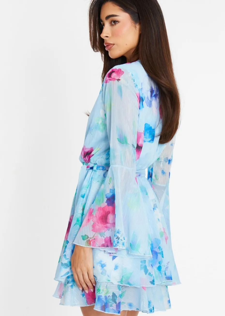 Quiz Blue Floral Chiffon Skater Dress