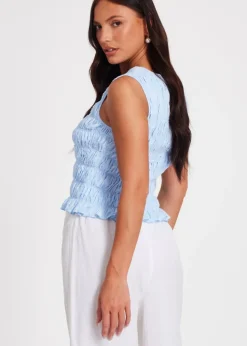 Quiz Blue Jacquard Gathered Top