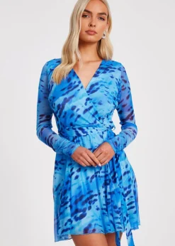 Quiz Blue Mesh Animal Print Skater Dress