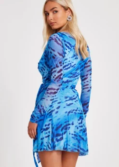 Quiz Blue Mesh Animal Print Skater Dress