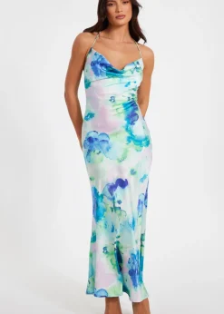 Quiz Blue Satin Tie Dye Midaxi Dress