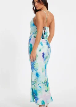 Quiz Blue Satin Tie Dye Midaxi Dress