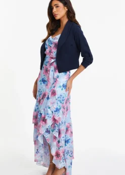 Quiz Blue Shawl Collar Crop Jacket