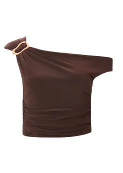 Quiz Brown Buckle One Shoulder Top