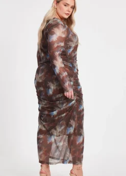 Quiz Brown Curve Mesh Printed Midaxi Dress