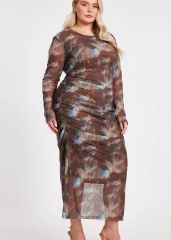 Quiz Brown Curve Mesh Printed Midaxi Dress