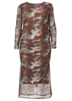 Quiz Brown Curve Mesh Printed Midaxi Dress
