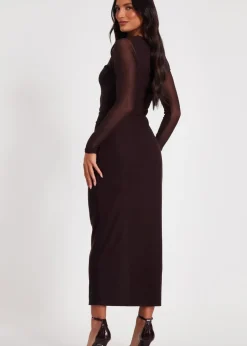 Quiz Brown Mesh Long Sleeve Midaxi Dress