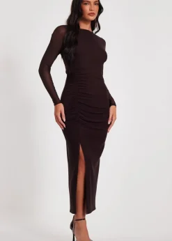 Quiz Brown Mesh Long Sleeve Midaxi Dress