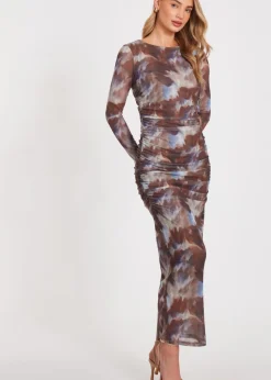 Quiz Brown Mesh Printed Midaxi Dress