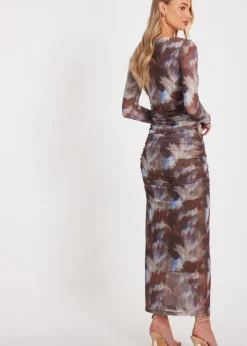 Quiz Brown Mesh Printed Midaxi Dress