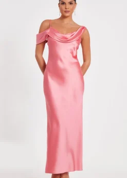 Quiz Coral Satin Drop Shoulder Maxi Dress