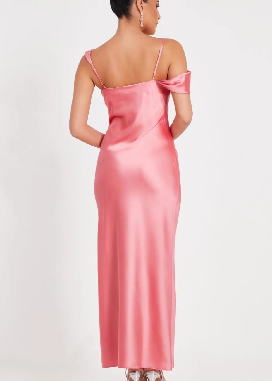 Quiz Coral Satin Drop Shoulder Maxi Dress