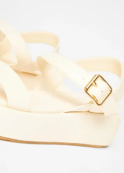 Quiz Cream Faux Leather Flatform Sandals