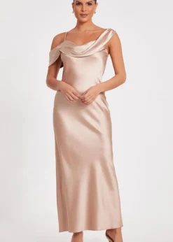 Quiz Cream Satin Drop Shoulder Maxi Dress