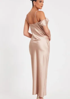 Quiz Cream Satin Drop Shoulder Maxi Dress