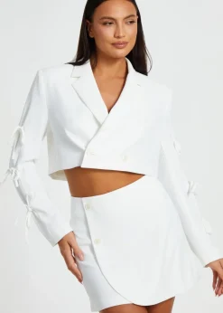 Quiz Cream Tie Sleeve Cropped Blazer