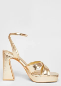 Quiz Gold Cross Strap Platform Heels
