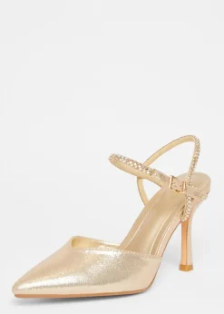 Quiz Gold Diamante Strap Court Heels