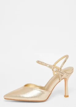 Quiz Gold Diamante Strap Court Heels