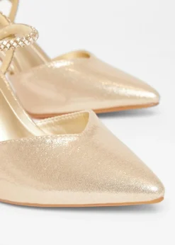 Quiz Gold Diamante Strap Court Heels