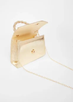 Quiz Gold Diamante Twist Top Handle Bag