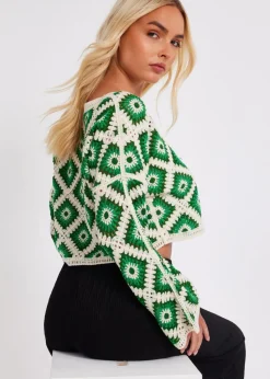 Quiz Green Crochet Geometric Crop Top