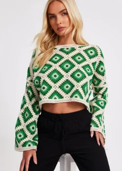 Quiz Green Crochet Geometric Crop Top