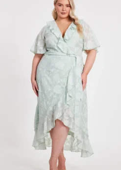 Quiz Green Curve Jacquard Frill Midaxi Dress