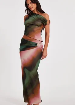 Quiz Green Mesh Ruched Maxi Skirt