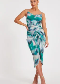 Quiz Green Satin Marble Print Midaxi Dress