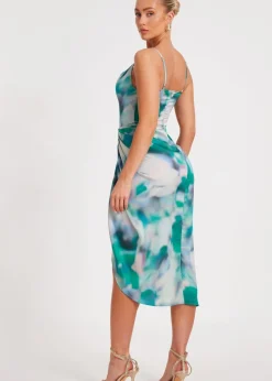 Quiz Green Satin Marble Print Midaxi Dress