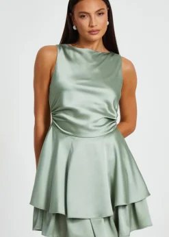 Quiz Green Satin Tiered Skater Dress