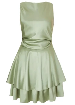Quiz Green Satin Tiered Skater Dress